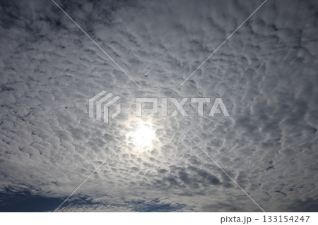 自然　気象　高積雲、中層雲。薄く小さな雲の破片が空を覆います、太陽の位置が分かるので半透明雲？ 133154247