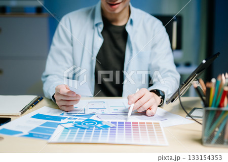 UX graphic designer planning application process development prototype wireframe for web smart phone. UX graphic designer planning application process development prototype wireframe for web smart phone. 133154353