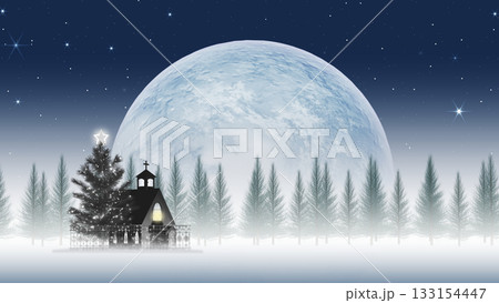月夜に包まれたクリスマスツリーと教会 背景にモミの木 (文字入れ用背景素材) 月夜に包まれたクリスマスツリーと教会 背景にモミの木 (文字入れ用背景素材) 133154447