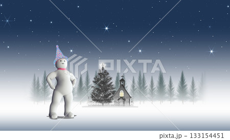 クリスマスツリーと教会の前に立つスノーマン　(文字入れ用背景素材) 133154451