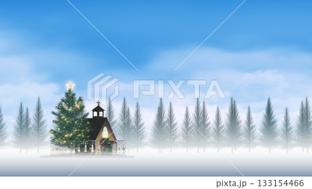 冬空を背景にクリスマスツリーを飾る教会とモミの木 (文字入れ用背景素材) 冬空を背景にクリスマスツリーを飾る教会とモミの木 (文字入れ用背景素材) 133154466