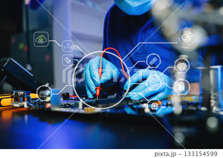 Engineer repairing motherboard with smart AI, cloud, and chip icons. Futuristic tech, hardware, and repair concept Engineer repairing motherboard with smart AI, cloud, and chip icons. Futuristic tech, hardware, and repair concept 133154599