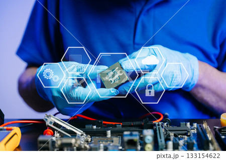 Engineer repairing motherboard with smart AI, cloud, and chip icons. Futuristic tech, hardware, and repair concept Engineer repairing motherboard with smart AI, cloud, and chip icons. Futuristic tech, hardware, and repair concept 133154622