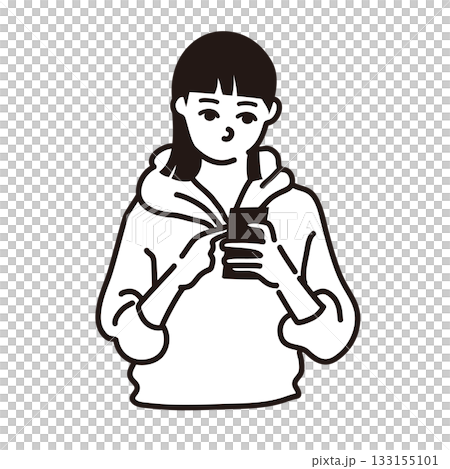 携帯を触る女性　線画　ベクター 133155101