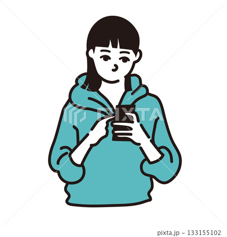 携帯を触る女性　線画　ベクター 133155102