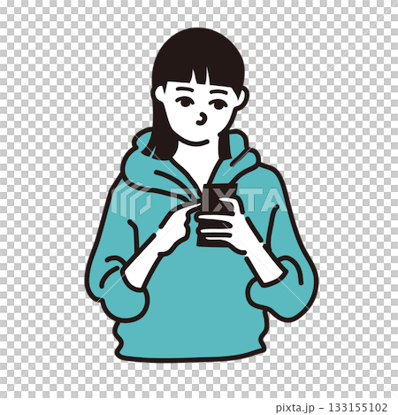 携帯を触る女性　線画　ベクター 133155102