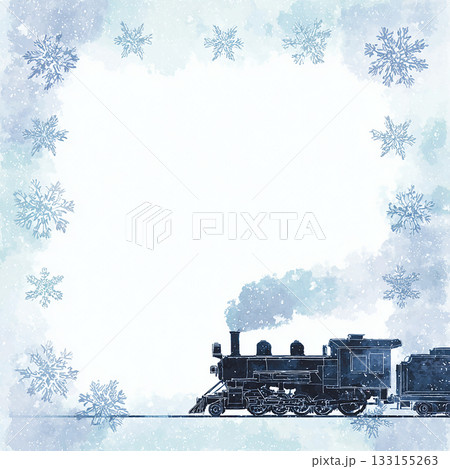水彩の雪景色と蒸気機関車の冬フレーム背景イラスト 133155263