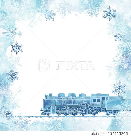 水彩の雪景色と蒸気機関車の冬フレーム背景イラスト 133155266