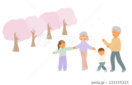 春の公園で祖父母と遊ぶ家族のイラスト 133155315