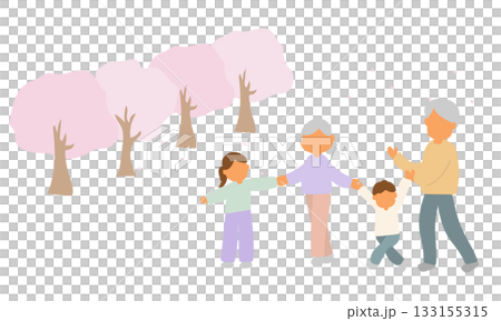 春の公園で祖父母と遊ぶ家族のイラスト 133155315