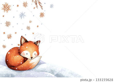 冬の雪景色に眠るキツネの水彩イラスト背景 133155628