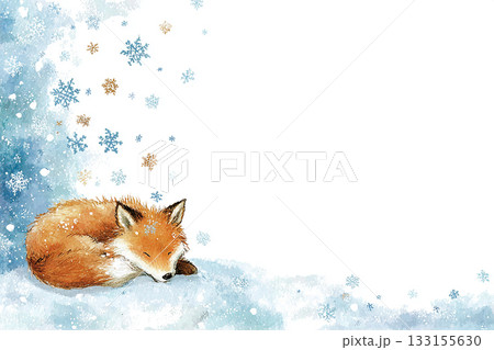 冬の雪景色に眠るキツネの水彩イラスト背景 133155630