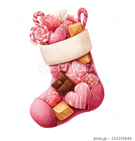 透明背景（png）にクリスマスのお菓子がたくさん入ったピンク色の靴下のイラスト 133155648