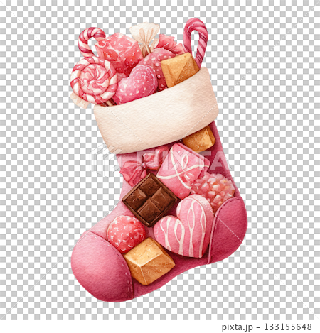 透明背景（png）にクリスマスのお菓子がたくさん入ったピンク色の靴下のイラスト 133155648