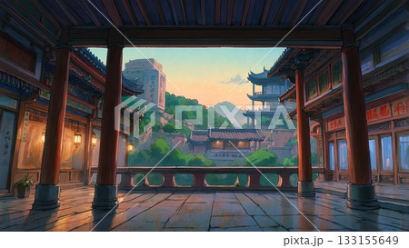 ゲーム背景　中国伝統建築風豪華な天井模様のある王の間ホール 133155649