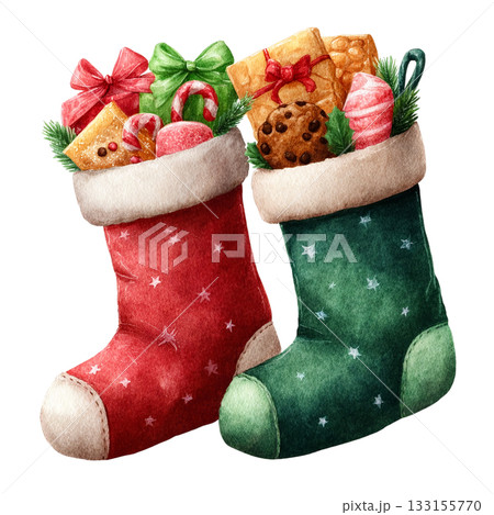 透明背景（png）にクリスマスのお菓子がたくさん入った赤と緑の靴下のイラスト 133155770