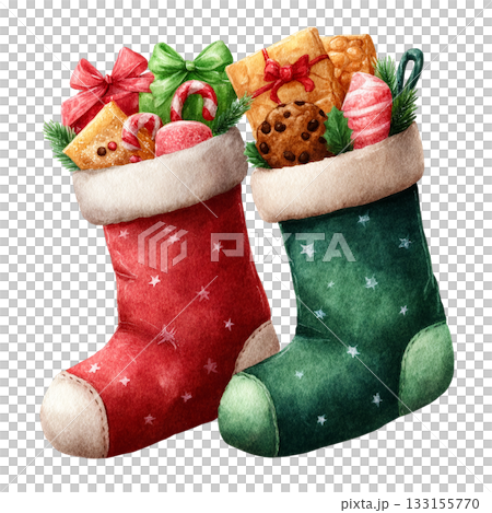 透明背景（png）にクリスマスのお菓子がたくさん入った赤と緑の靴下のイラスト 133155770