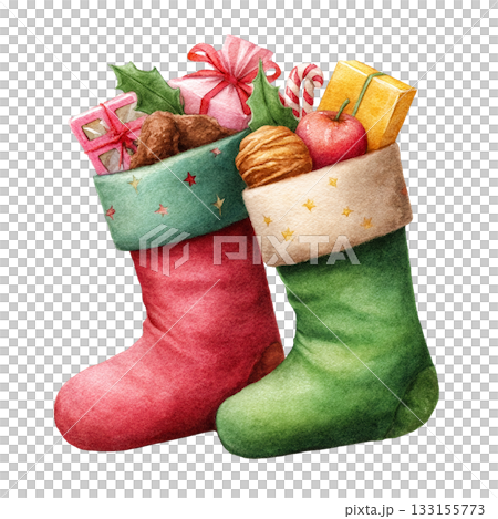 透明背景上裝滿聖誕糖果的紅色和綠色襪子的插圖（png） 133155773