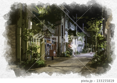 水彩画風 夜の福山本通商店街 福山船町郵便局 広島県福山市 水彩画風 夜の福山本通商店街 福山船町郵便局 広島県福山市 133155819
