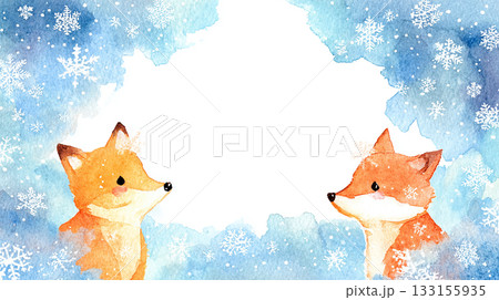 冬のキツネと雪の水彩背景フレーム 133155935