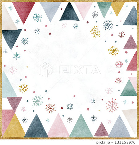 カラフルな三角模様と雪の結晶の冬フレーム（水彩） 133155970