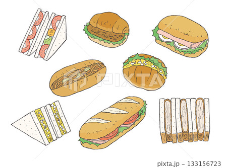 いろんなサンドイッチの手描きイラストセット(カラー) いろんなサンドイッチの手描きイラストセット(カラー) 133156723