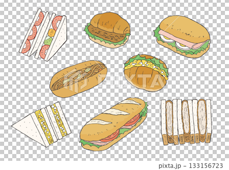 いろんなサンドイッチの手描きイラストセット(カラー) いろんなサンドイッチの手描きイラストセット(カラー) 133156723