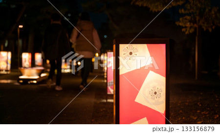 和の行灯ライトが照らす夜の遊歩道の風景 133156879