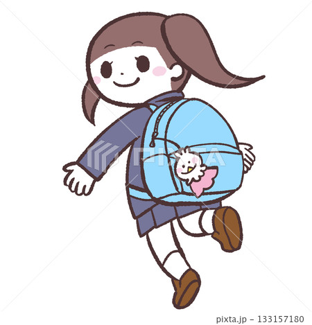 ぬいぐるみをつけたリュックの女の子のイラスト 133157180