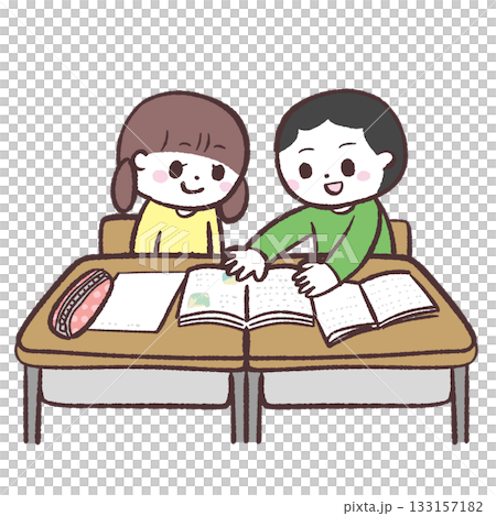學生們一起看課本的插圖 133157182