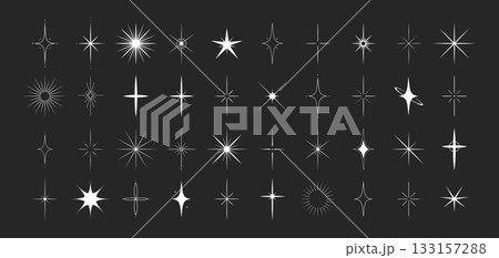 Stars shape set. Twinkle star symbols. Flat Vector illustration isolated on black background Stars shape set. Twinkle star symbols. Flat Vector illustration isolated on black background 133157288