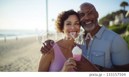 POC Middle age couple enjoying time on beach. Summer holiday, man and woman 133157504