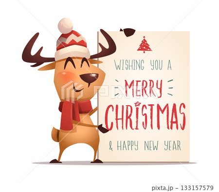 Reindeer with Merry Christmas Greeting Sign Reindeer with Merry Christmas Greeting Sign 133157579
