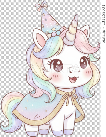 Cute pastel rainbow unicorn wearing a party hat and cape Cute pastel rainbow unicorn wearing a party hat and cape 133158031