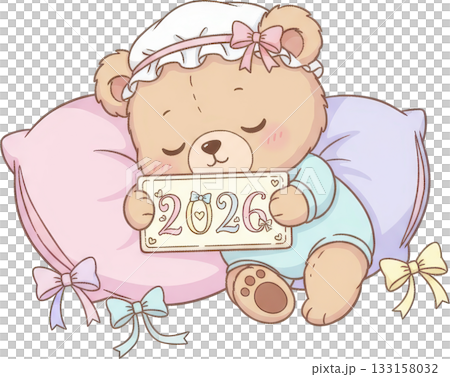 Cute sleeping baby teddy bear with 2026 sign on pastel pillows 133158032