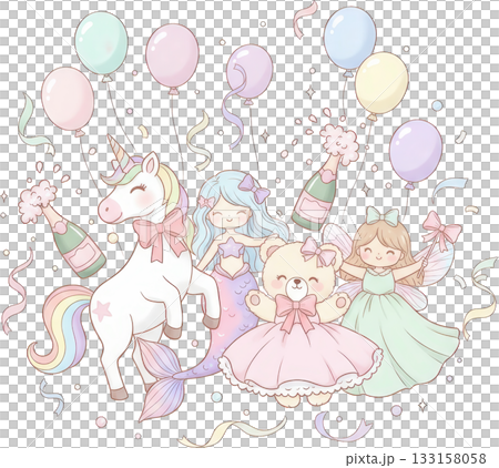 Whimsical pastel fantasy celeb n with unicorn mermaid fairy bear 133158058