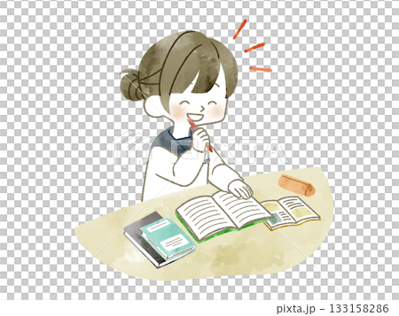 勉強がはかどっている女子学生-水彩 133158286