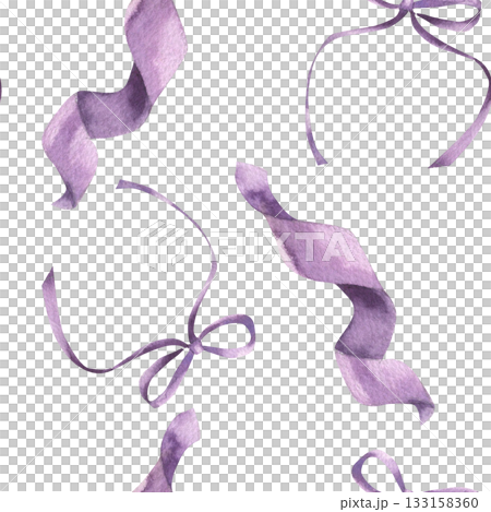 Lavender silk bows and ribbons watercolor seamless pattern. Hand drawn rustic romantic background with girlish hair accessories, purple decorative ribbon for wallpaper,packing design Lavender silk bows and ribbons watercolor seamless pattern. Hand drawn rustic romantic background with girlish hair accessories, purple decorative ribbon for wallpaper,packing design 133158360