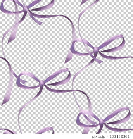Purple decorative ribbon watercolor seamless pattern. Hand drawn girlish background with lavender silk bows, festive clipart for wedding packing,wallpaper design 133158361