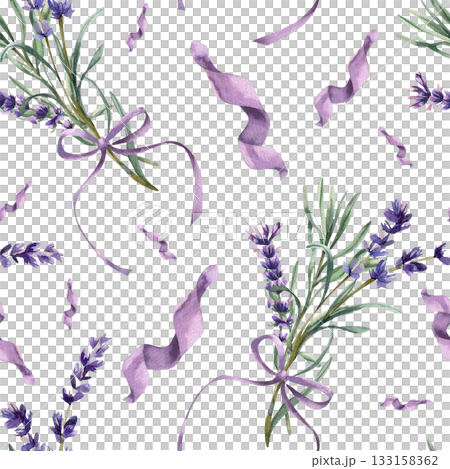 Lavender flowers, decorative purple bows and ribbons watercolor seamless pattern. Hand drawn girlish rustic background with wild field flowers for wallpaper, packing,textile design 133158362