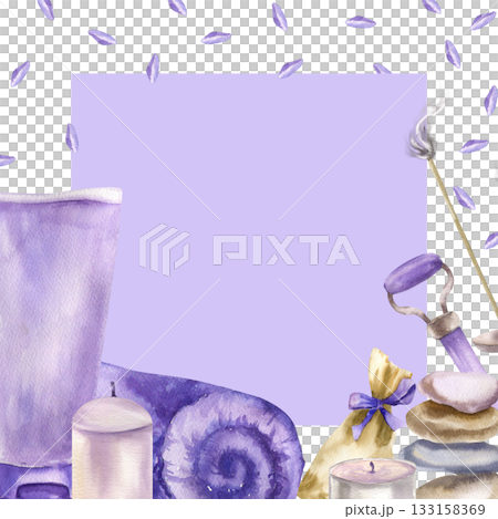Lavender organic spa banner with watercolor violet bath soap, cream tube, candles, herb sachet, roller and meditation aroma sticks illustration. Spa skin care frame, female mental health clipart Lavender organic spa banner with watercolor violet bath soap, cream tube, candles, herb sachet, roller and meditation aroma sticks illustration. Spa skin care frame, female mental health clipart 133158369