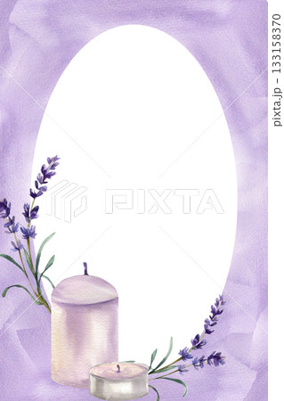 Romantic card template with lavender flowers and wax candles watercolor illustration.Hand drawn cozy home banner,spa and wellness, mental health center invitation,poster design 133158370