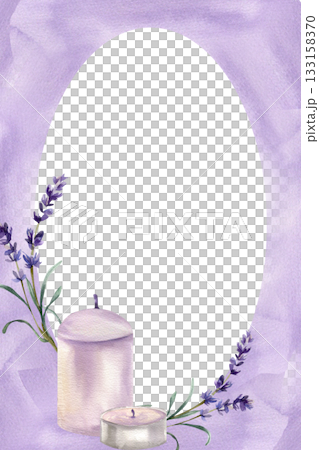 Romantic card template with lavender flowers and wax candles watercolor illustration.Hand drawn cozy home banner,spa and wellness, mental health center invitation,poster design 133158370