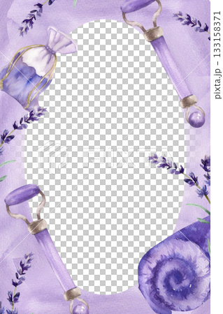 Skin care watercolor card template with lavender flowers, violet bath towel,massage roller,herb sachet watercolor illustration. Spa and wellness frame for organic cosmetics packing,label design 133158371