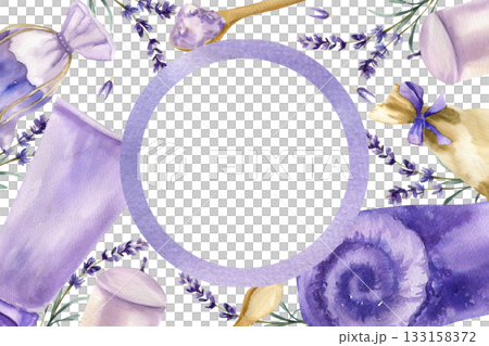 Lavender spa banner template with violet watercolor bath towel,herb sachet, cram tube, salt and candles watercolor illustration.Organic cosmetics,skin and body care frame for product packing design Lavender spa banner template with violet watercolor bath towel,herb sachet, cram tube, salt and candles watercolor illustration.Organic cosmetics,skin and body care frame for product packing design 133158372