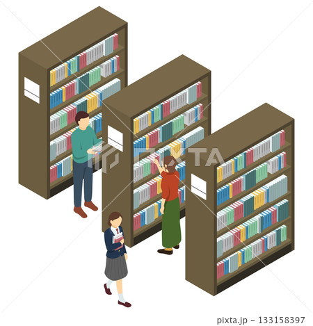 アイソメトリックイラスト：図書館の本棚 133158397