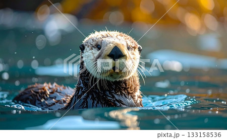 青い海に漂うラッコの愛らしい姿1 133158536