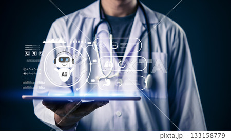 Medical professional in white coat presents innovative AI healthcare solutions on tablet, futuristic interface with brain, lungs, and DNA data insights for diagnosis and treatment advancements. 133158779