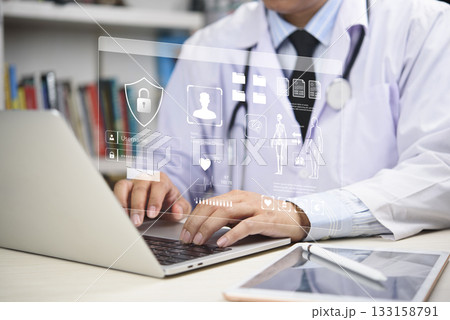 Medical entering password on virtual patient dashboard, data privacy, online medical records, and digital health innovation. healthcare cloud, secure EHR systems, HIPAA compliance, and telemedicine Medical entering password on virtual patient dashboard, data privacy, online medical records, and digital health innovation. healthcare cloud, secure EHR systems, HIPAA compliance, and telemedicine 133158791