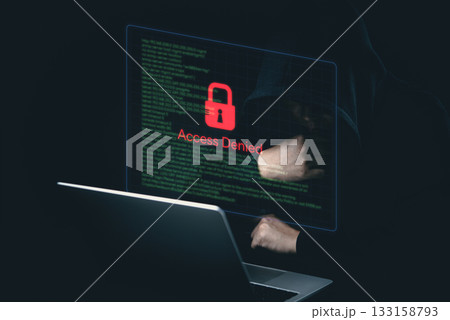 cybersecurity risks, antivirus protection, cyber attacks, and sensitive data defense. protection breach, Blocked access Denied. Red lock warning on computer. cybersecurity risks, antivirus protection, cyber attacks, and sensitive data defense. protection breach, Blocked access Denied. Red lock warning on computer. 133158793